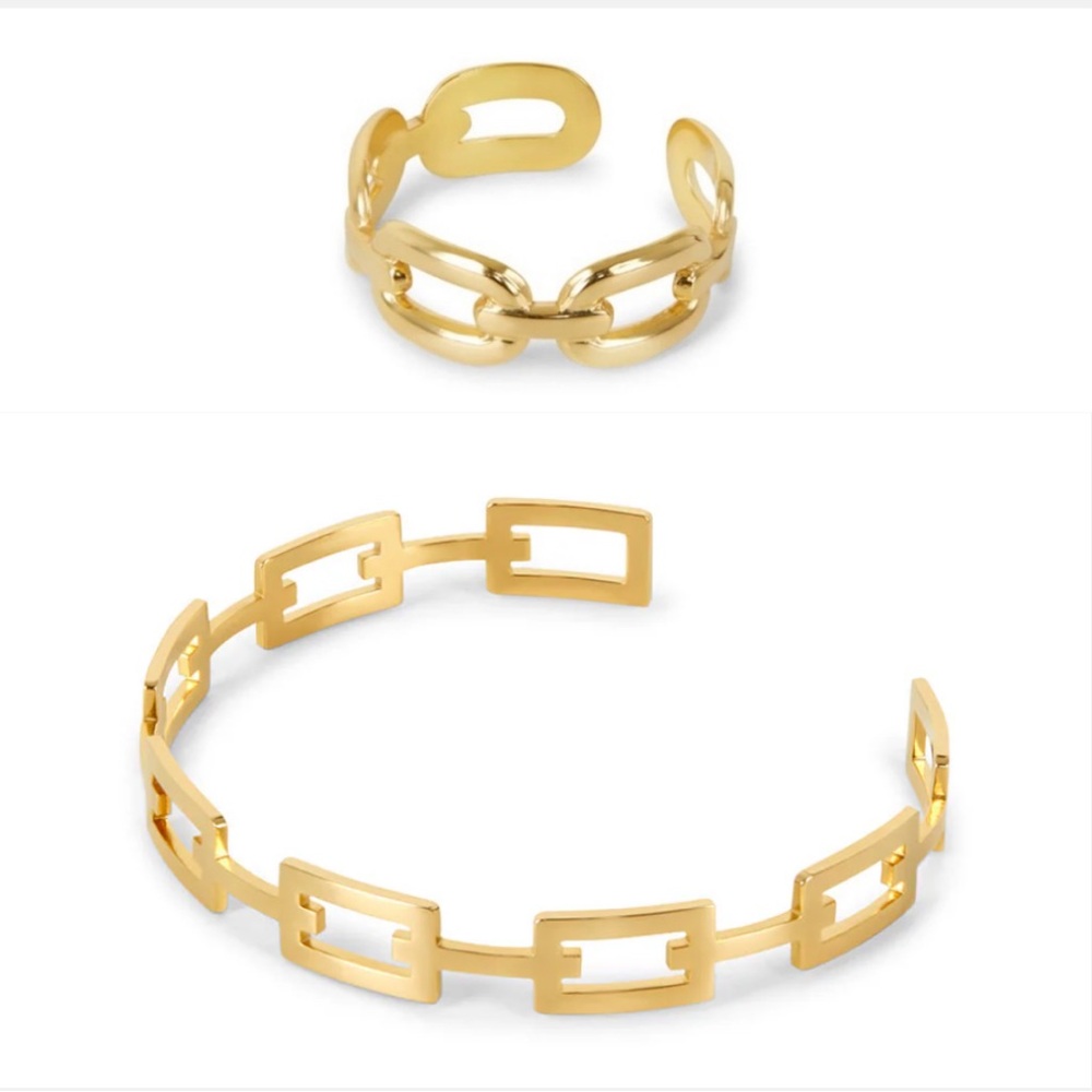 18k yellow gold-plated link ring & bracelet set - Picture 2 of 7